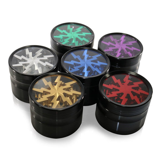 #GR1 62MM 4 PIECE HERB GRINDER WITH CLEAR TOP AND ANODIZED TEETH (ASSORTED COLORS)