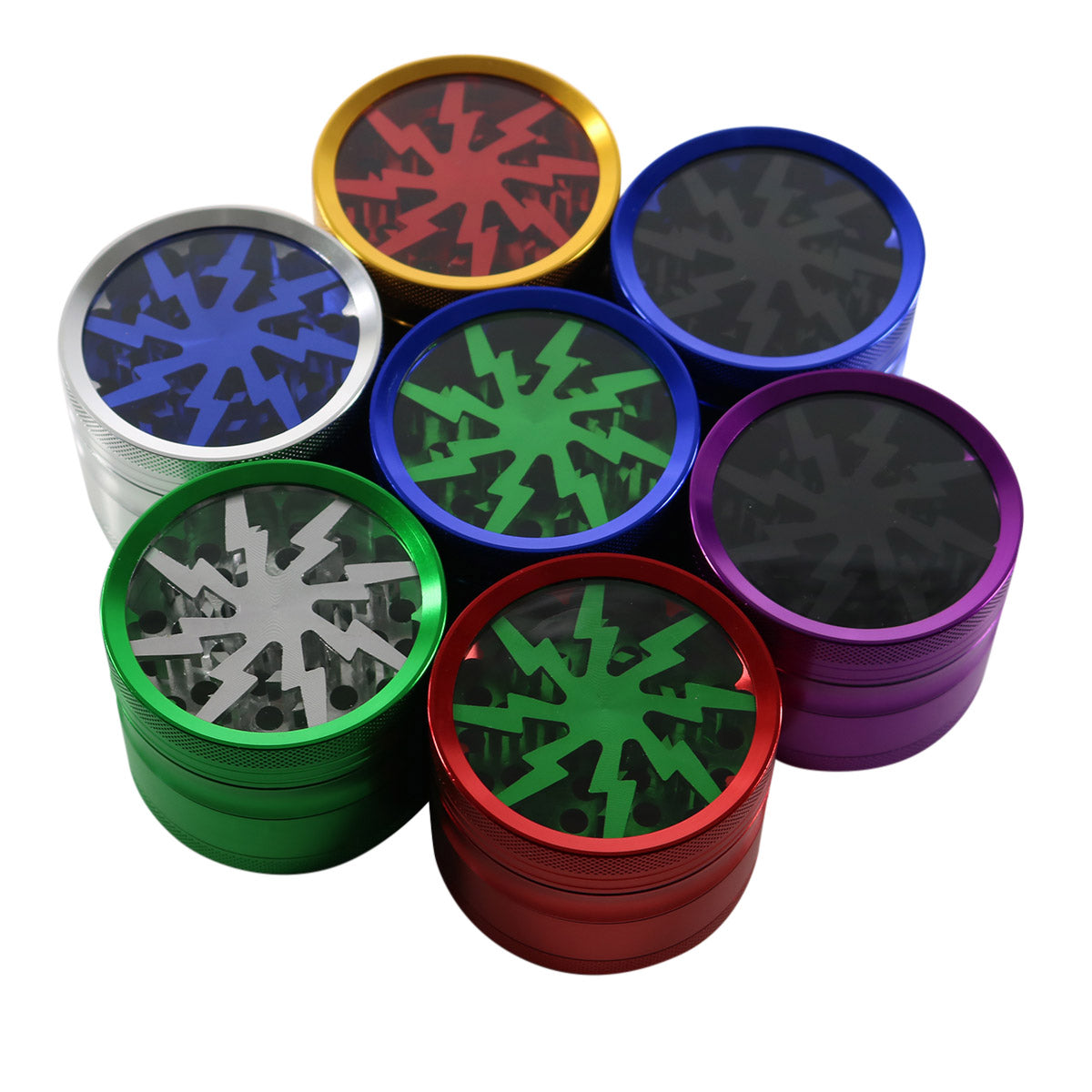 #GR1 62MM 4 PIECE HERB GRINDER WITH CLEAR TOP AND ANODIZED TEETH (ASSORTED COLORS)