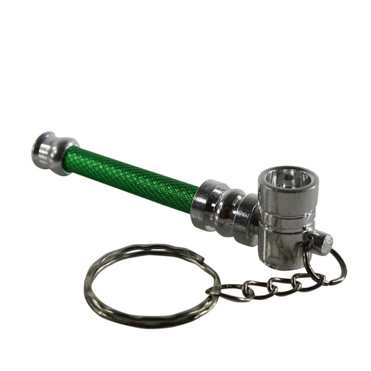Super handy one-hitter pipe that can be worn as a neckless or attached to your keychain. Made from anodized aluminum and available in assorted colors. You will receive the best mix of colors available at the time of your order.