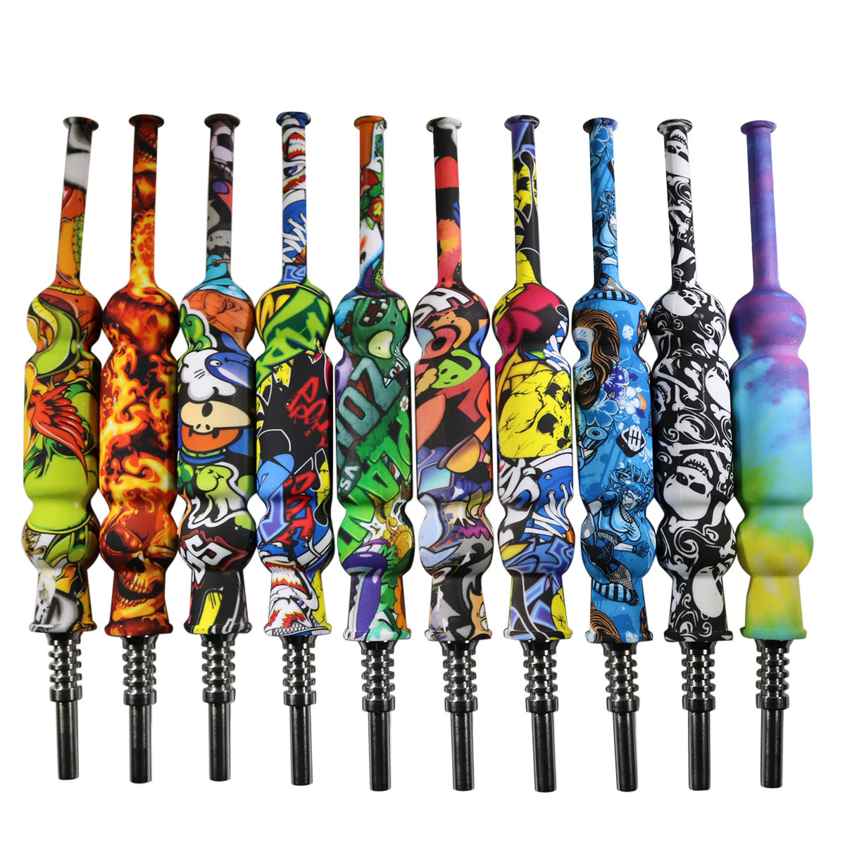 #NC14-B Silicone Nectar Collector Set w/ 14mm Nail, Dab Tool and Dish (Assorted Prints)