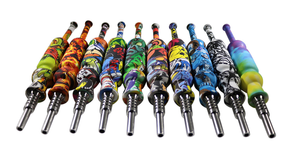 #NC14-B Silicone Nectar Collector Set w/ 14mm Nail, Dab Tool and Dish (Assorted Prints)