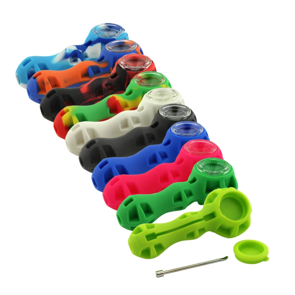 4.25" Silicone Hand Pipe w/ Glass Bowl, Dab tool & Dish (Assorted Colors) #SC6A