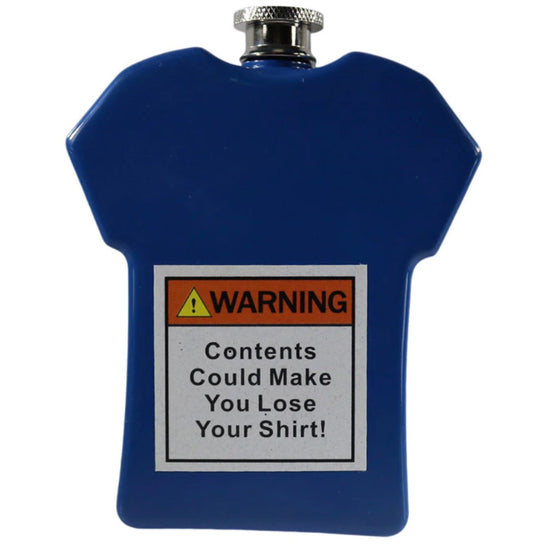 5oz Blue Stainless Steel T-Shirt Shaped Flask with Warning Label [FL-17]