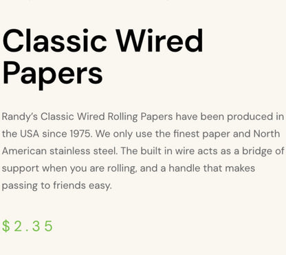 Randy's Wired Rolling Papers - Classic or King Size - Box of 25 [R-RP-WIRED]