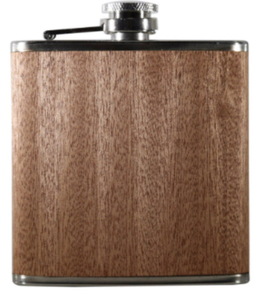 6oz Polished Stainless Steel Flask with Sapele Wood Veneer [FL-19]