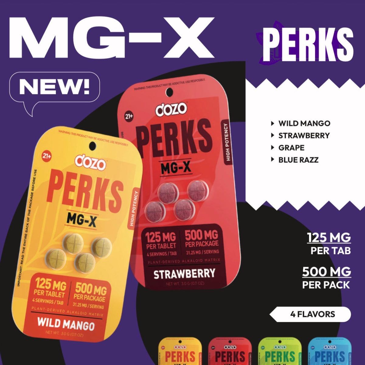 NEW DOZO MG-X Alkaloid Blend - 4Ct 125mg Tabs - 4 Flavors [K-DP-4C-MGX]