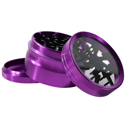 #GR1 62MM 4 PIECE HERB GRINDER WITH CLEAR TOP AND ANODIZED TEETH (ASSORTED COLORS)