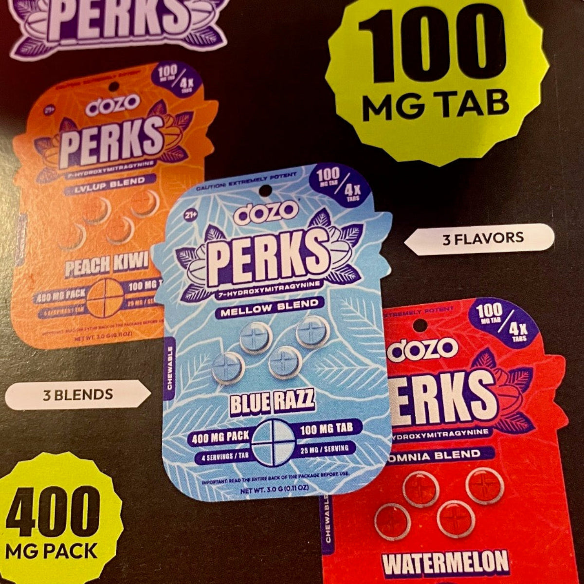 NEW 100MG!!! DOZO PERKS Rapid-Release 7-OH - Four 100mg Tab’s - 3 Flavors [K-DP-4C-100]