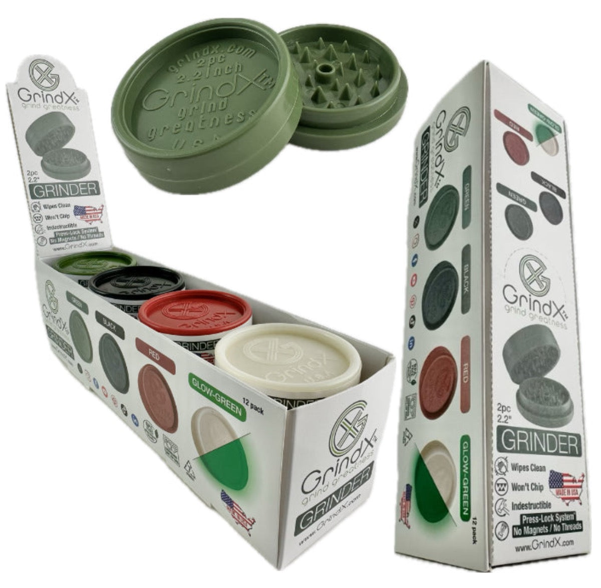 2-Piece GrindX American Made 55mm Herb Grinder - New Version - Assorted Colors [GR-X]
