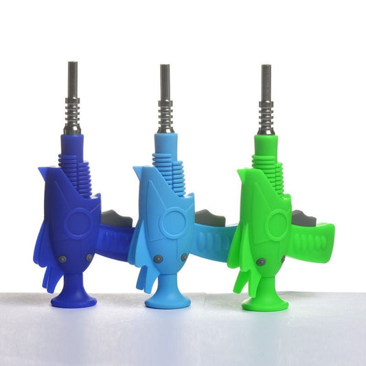 8" 14mm Silicone Ray Gun Nectar Collector w/ Built-In Stash Container- Assorted Colors [NC-S-65]