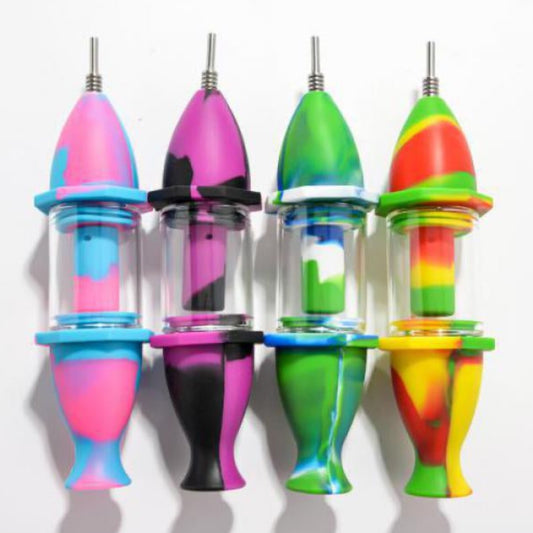 10" 10mm Silicone & Glass Nectar Collector w/ Perc & Steel Nail - Assorted Colors [NC-H-40]