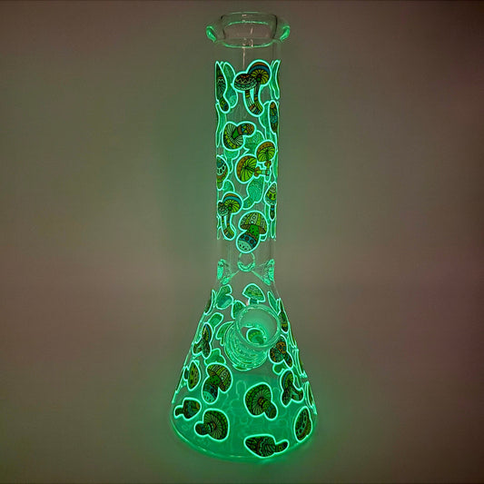 10" Beaker w/  Glow-in-The-Dark Funky Mushroom Designs - Assorted Colors [WP-G-299]