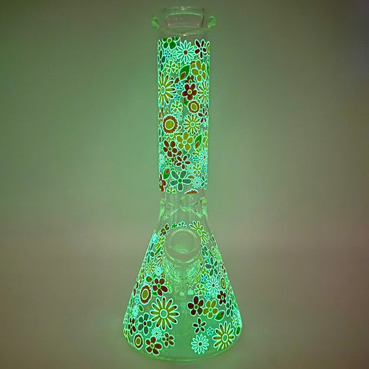 10" Beaker w/  Glow-in-The-Dark Funky Mushroom Designs - Assorted Colors [WP-G-299]