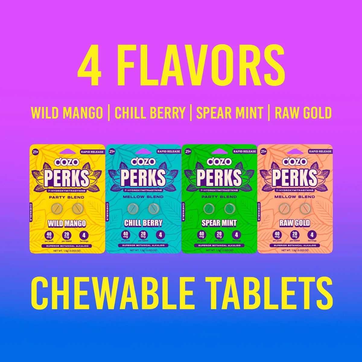 DOZO PERKS 7-OH - NEW FLAVORS! - Two or 6 Ct 20mg Tabs [K-DP-2C/6C]