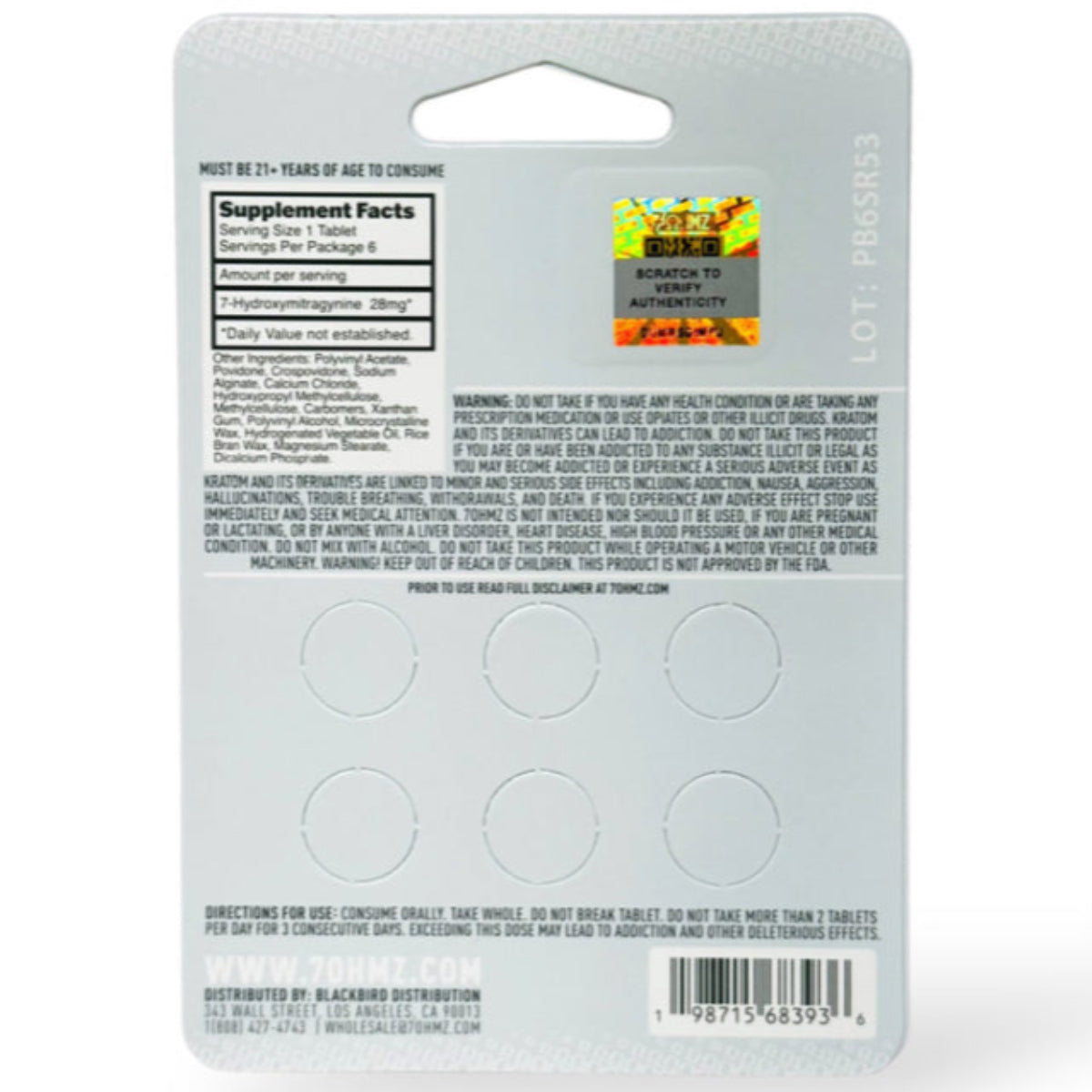 7 Ohmz 7-Hydroxymitragynine - 28mg Sustained Formula - 1 or 6 Ct Tabs [K-7O-28]