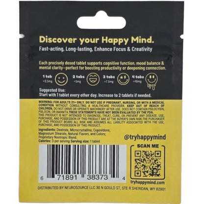 HAPPY MIND Microdosing Tabs - PSILOCYBIN, KRATOM & THC FREE- Now 3 Flavors & Sizes! [K-HM-3]