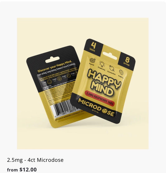 HAPPY MIND Microdosing Tabs - PSILOCYBIN, KRATOM & THC FREE- Now 3 Flavors & Sizes! [K-HM-3]