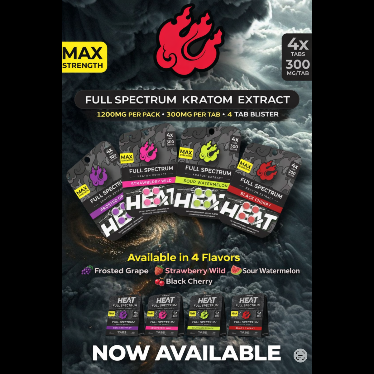 NEW Straight HEAT Full Spectrum Kratom Extract - Four 300mg Tabs - 4 Flavors [K-H300-4C]
