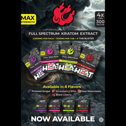 NEW Straight HEAT Full Spectrum Kratom Extract - Four 300mg Tabs - 4 Flavors [K-H300-4C]