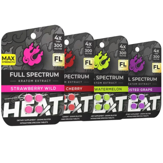 NEW Straight HEAT Full Spectrum Kratom Extract - Four 300mg Tabs - 4 Flavors [K-H300-4C]