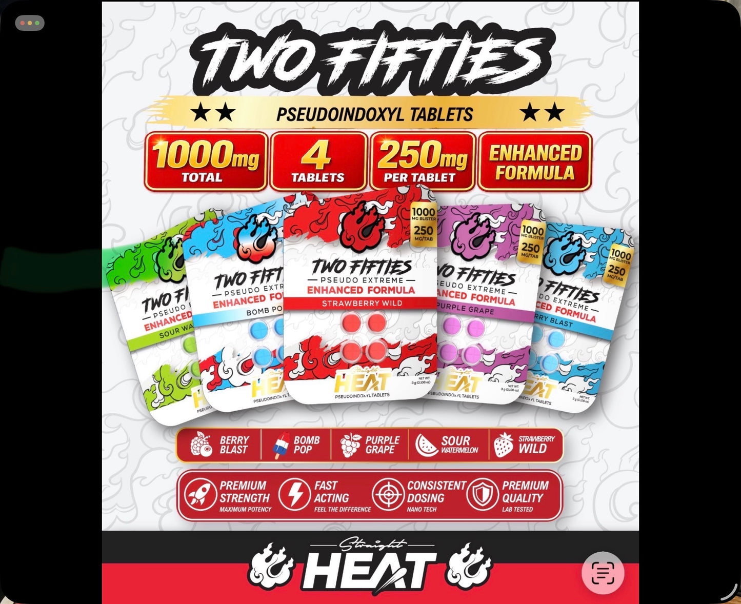 ECLIPSE HAS IT 1ST! NEW Not Yet Released Super Special Deal! Straight HEAT Pseudo 250mg- 4Ct Tabs - 5 Flavors [K-H250P-4C]
