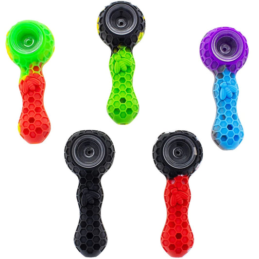 4.25" Silicone Honeycomb Pipe w/ Glass Bowl, Dab Tool, Dish & Compartment - Now 13 Colors [HP-S-6E]