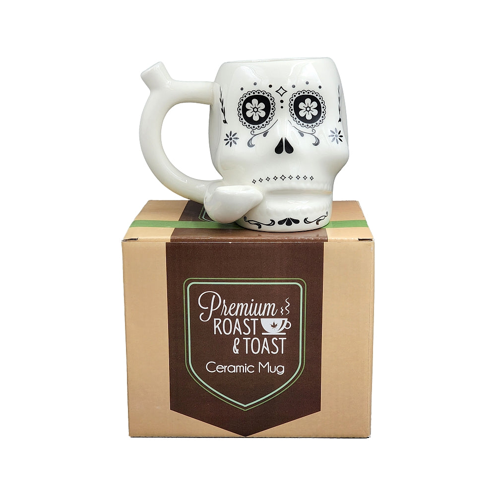 Roast & Toast Ceramic Coffee Mug & Pipe w/ Gift Box - White Sugar Skull [CM-C-FC-50]
