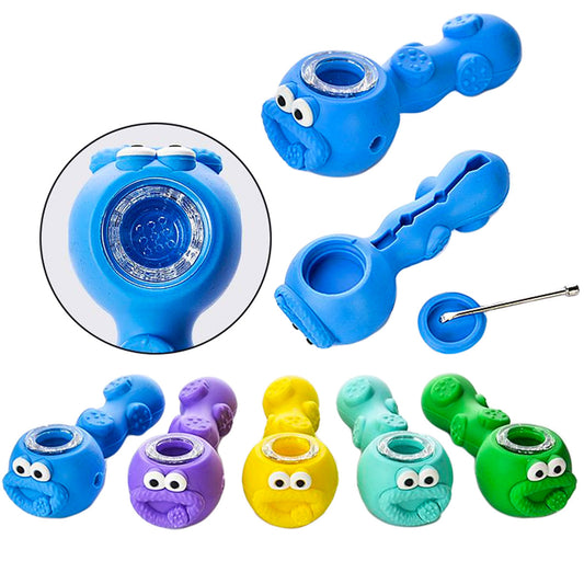 4.25" Silicone Cookie Character Hand Pipe w/ Glass Bowl, Dab Tool, Dish & Compartment - Assorted Colors [HP-S-6C]