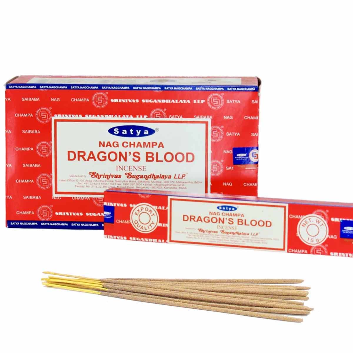 Nag Champa Dragon's Blood Blend - Authentic Satya - Twelve 15g Boxes [IN-NC-DB]