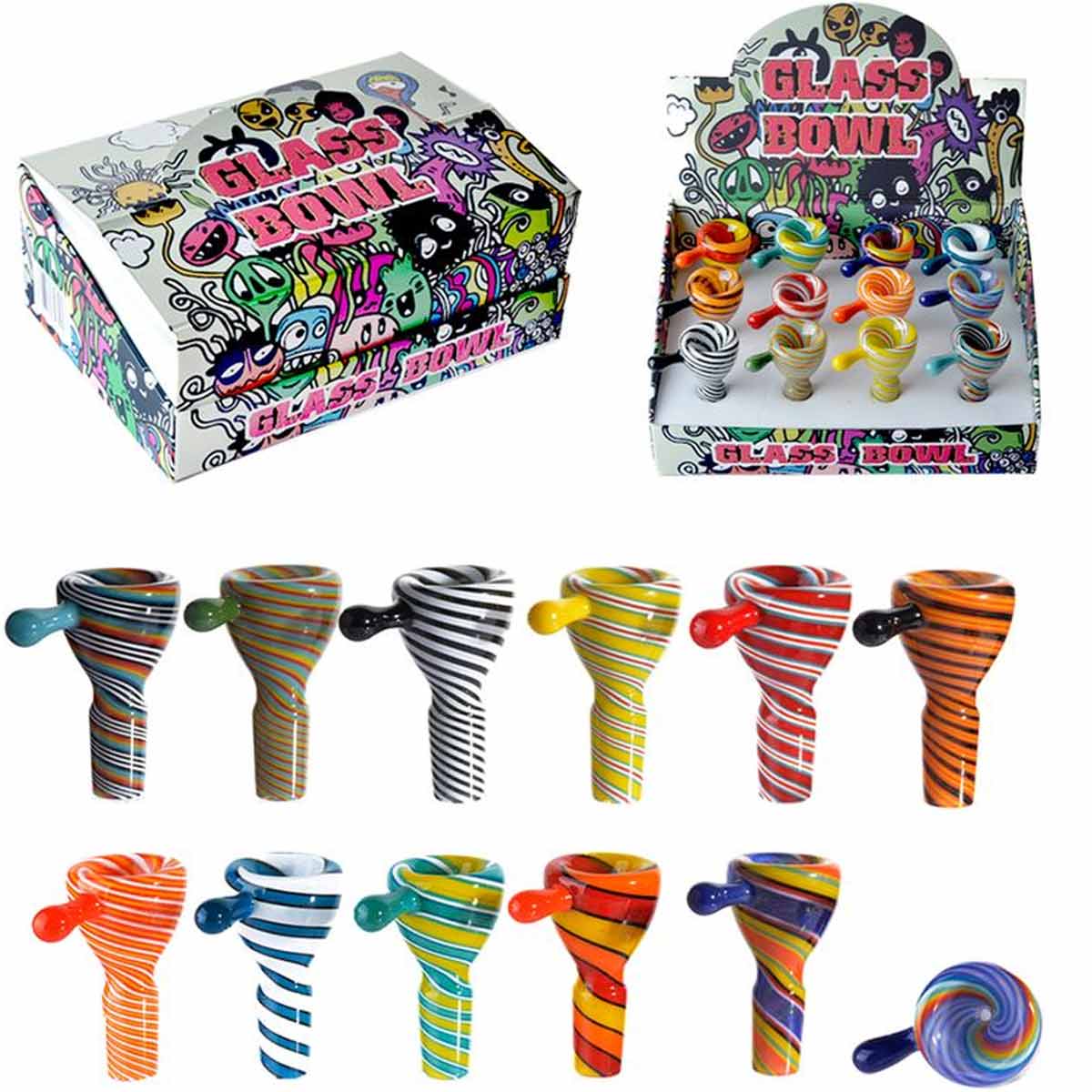 14mm Glass Funnel Bowl w/ Hand-Spun Designs & Handle - Now Over 2 Dzn Styles! [GB-15]