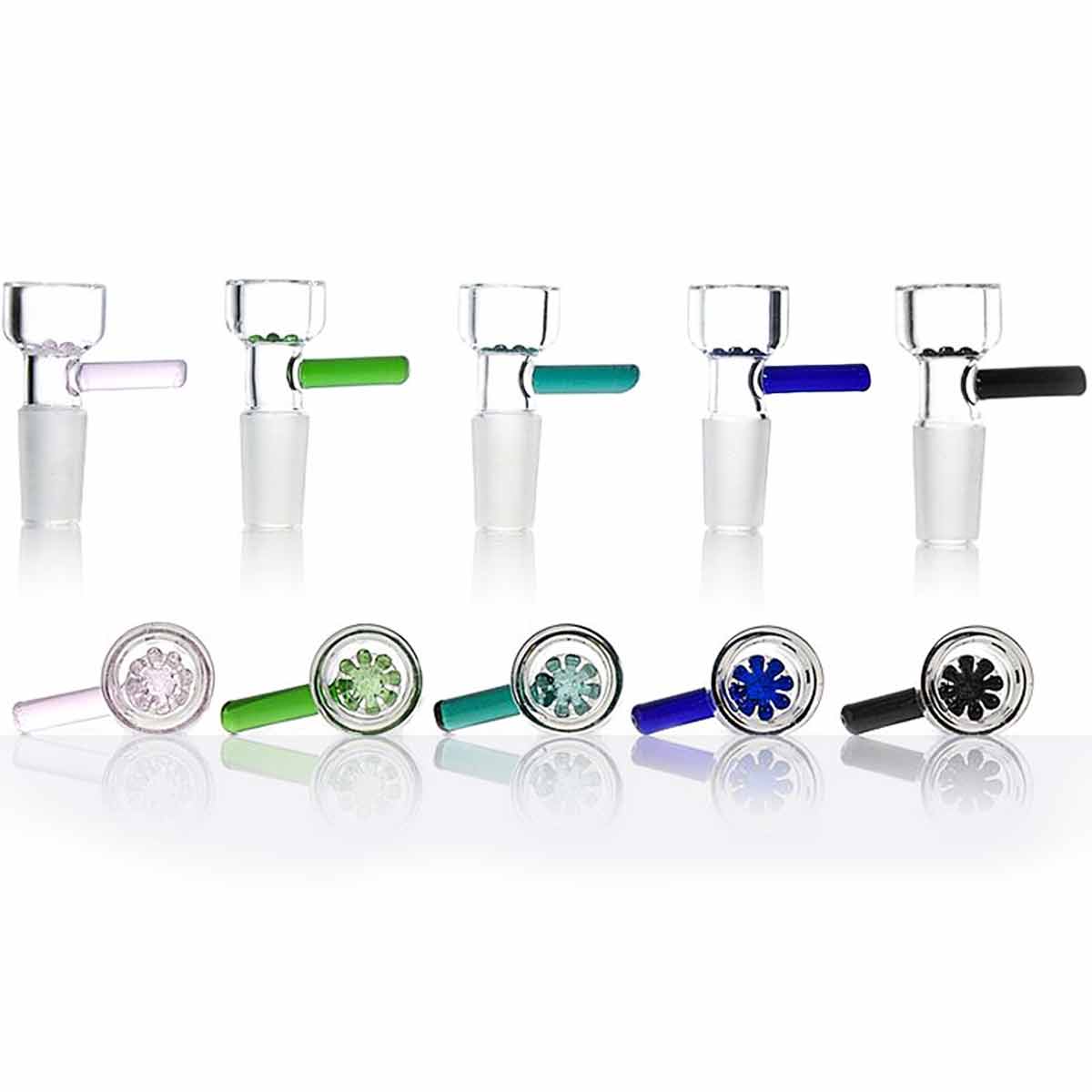 14mm Glass Bowl w/ Colored Handle & Built-In Flower Screen - Assorted Colors [GB-59]