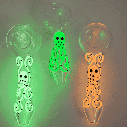 5" Glass Glow-in-the-Dark Octopus Hand Pipe - Assorted Colors [HP-G-125]