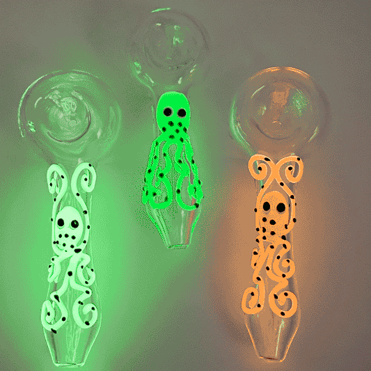 5" Glass Glow-in-the-Dark Octopus Hand Pipe - Assorted Colors [HP-G-125]