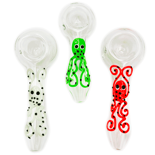 5" Glass Glow-in-the-Dark Octopus Hand Pipe - Assorted Colors [HP-G-125]