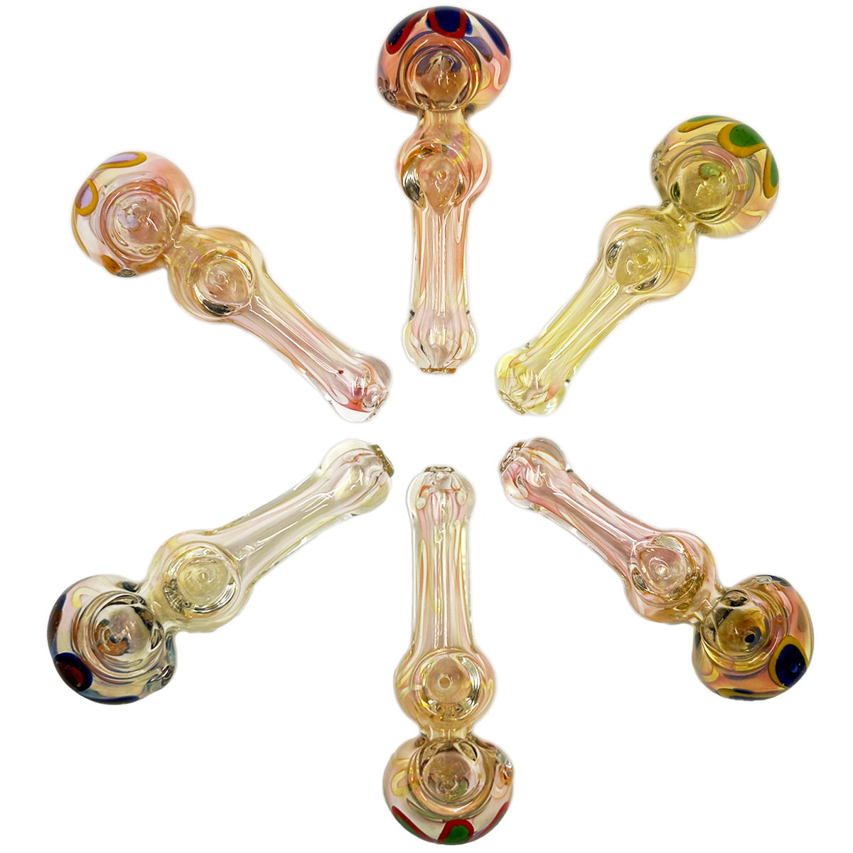 5.5” Glass Fumed Hand Pipe w/ Double Bowl & Flower Design - Assorted Colors  [HP-G-208]