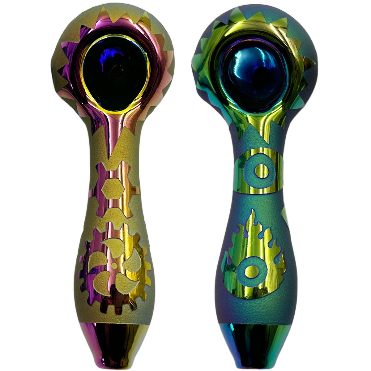 4.8" Electroplated Glass Hand Pipe w/ Sandblasted Designs - New Designs! [HP-G-218]
