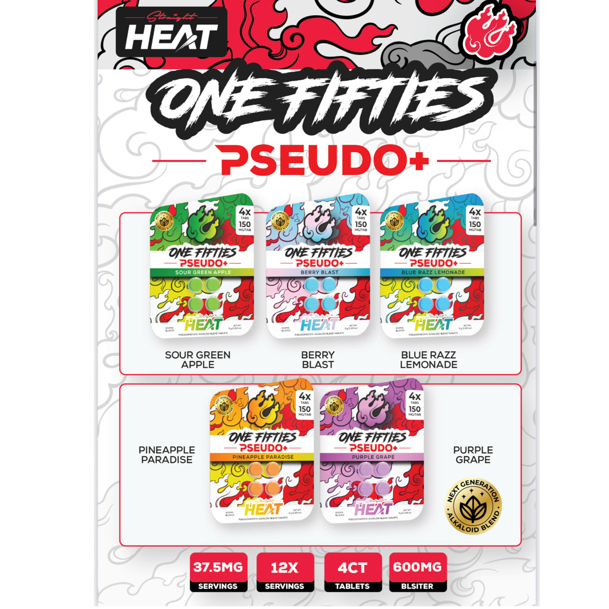 Straight HEAT PSEUDO - 4Ct & NEW 10Ct 150mg Tabs - 5 Flavors [K-H150-P-4C]