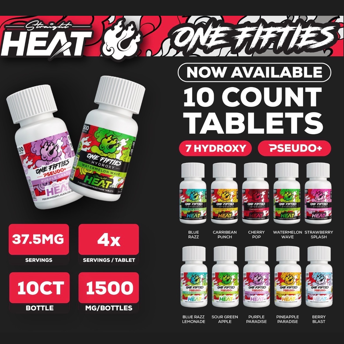 Straight HEAT 7-OH - 4Ct & NEW 10Ct 150mg Tabs - 5 Flavors [K-H150-4C]