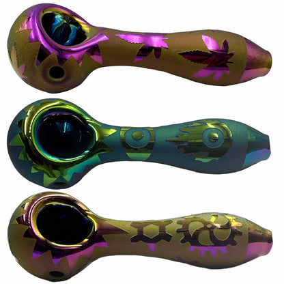 4.8" Electroplated Glass Hand Pipe w/ Sandblasted Designs - New Designs! [HP-G-218]