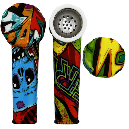 3.5" Silicone Hand Pipe w/ Metal Bowl, Lid & Carb in - Choose From Over 40 Prints! [HP-S-36]