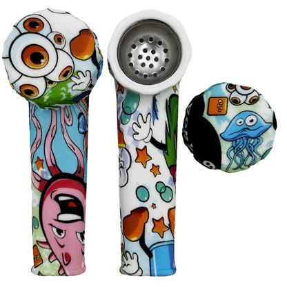 3.5" Silicone Hand Pipe w/ Metal Bowl, Lid & Carb in - Choose From Over 40 Prints! [HP-S-36]