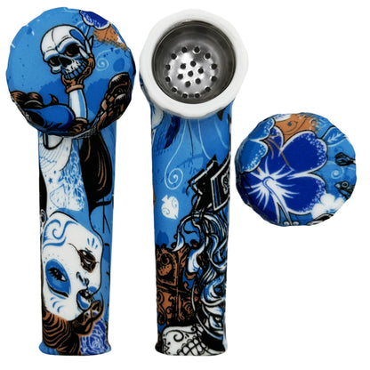3.5" Silicone Hand Pipe w/ Metal Bowl, Lid & Carb in - Choose From Over 40 Prints! [HP-S-36]
