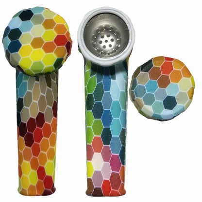 3.5" Silicone Hand Pipe w/ Metal Bowl, Lid & Carb in - Choose From Over 40 Prints! [HP-S-36]