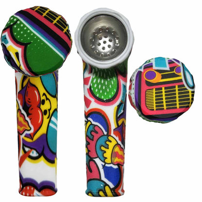 3.5" Silicone Hand Pipe w/ Metal Bowl, Lid & Carb in - Choose From Over 40 Prints! [HP-S-36]