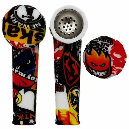 3.5" Silicone Hand Pipe w/ Metal Bowl, Lid & Carb in - Choose From Over 40 Prints! [HP-S-36]