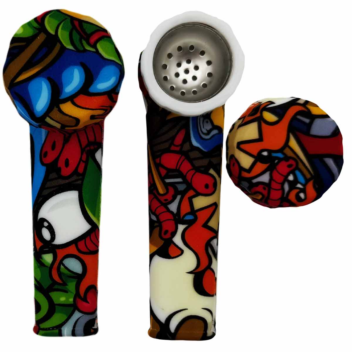3.5" Silicone Hand Pipe w/ Metal Bowl, Lid & Carb in - Choose From Over 40 Prints! [HP-S-36]