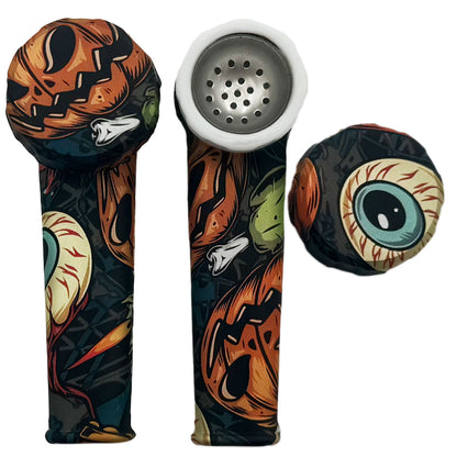 3.5" Silicone Hand Pipe w/ Metal Bowl, Lid & Carb in - Halloween! [HP-S-36-H]