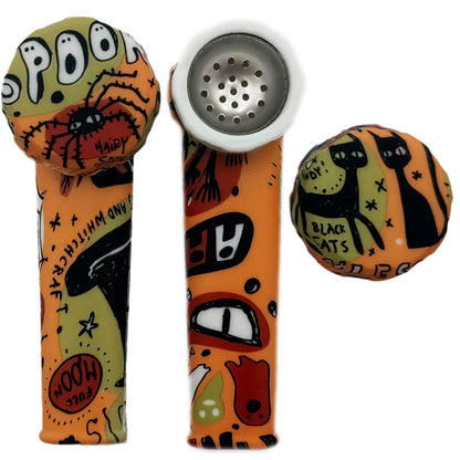 3.5" Silicone Hand Pipe w/ Metal Bowl, Lid & Carb in - Halloween! [HP-S-36-H]