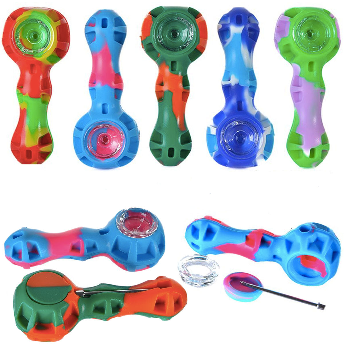 4.25" Silicone Hand Pipe w/ Glass Bowl, Dab Tool, Dish & Compartment - Now 14 Colors [HP-S-6A]