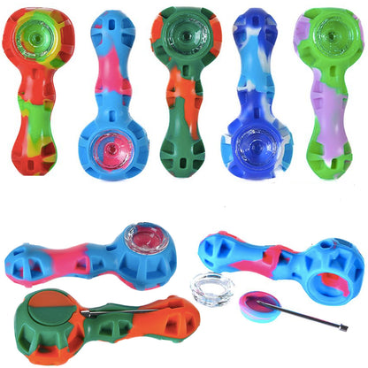 4.25" Silicone Hand Pipe w/ Glass Bowl, Dab Tool, Dish & Compartment - Now 14 Colors [HP-S-6A]